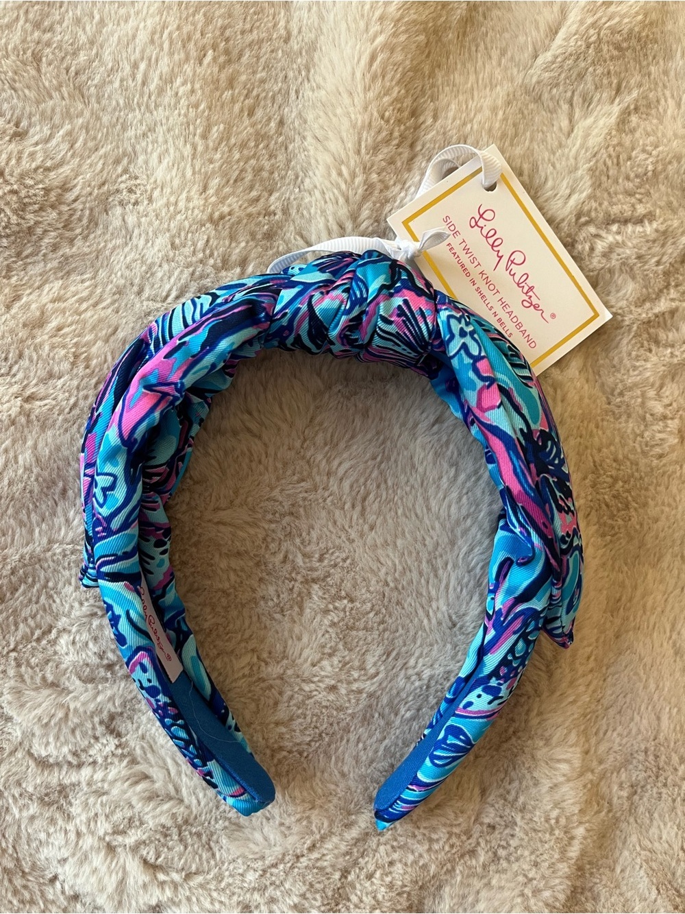 NWT Lilly Pulitzer Side Twist Knotted Headband Shells n Bells Blue